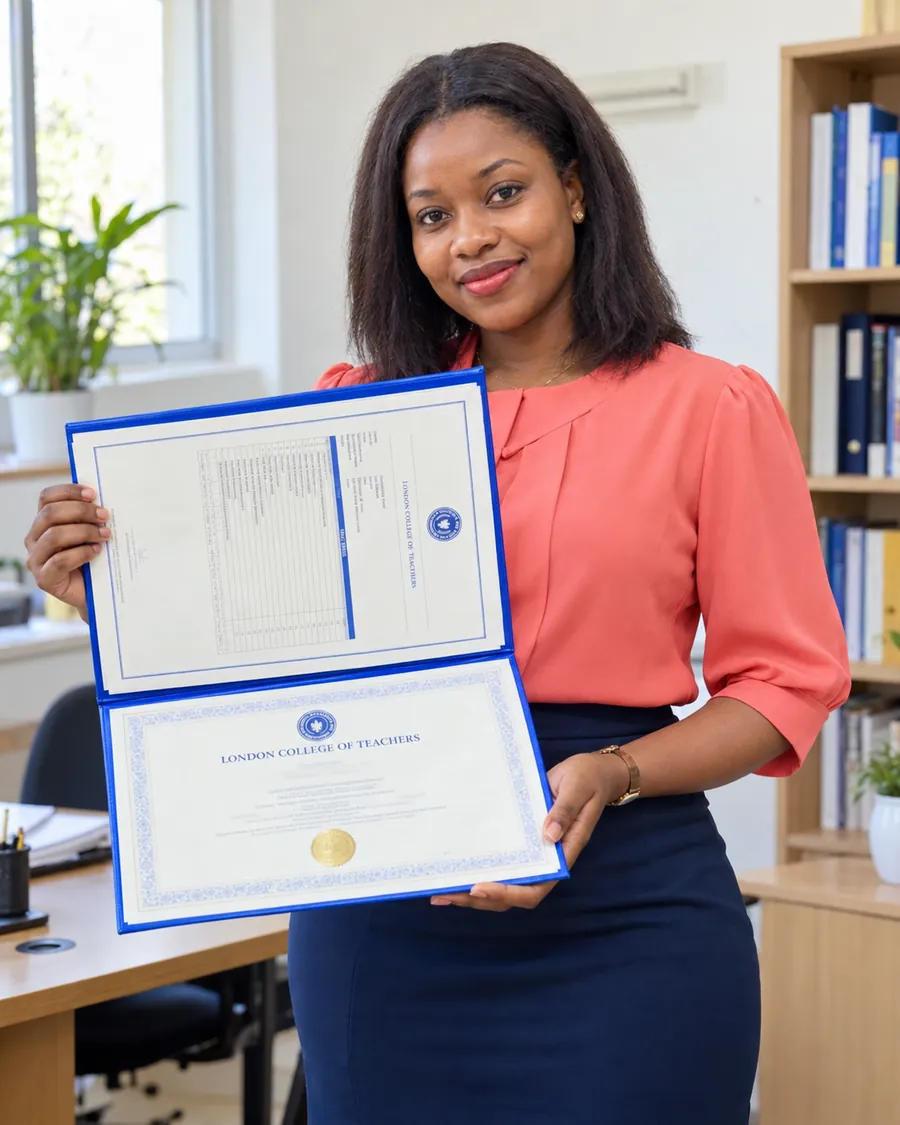 London College of Teachers graduate holding her certificate and course transcript